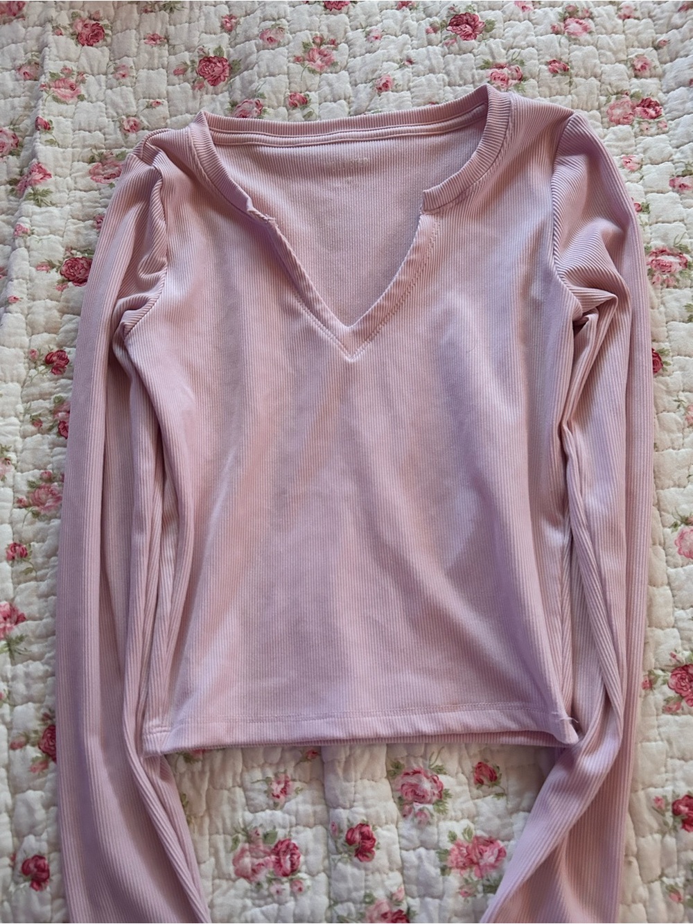 Hollister Light Pink Ribbed V-Neck Long Sleeve Top